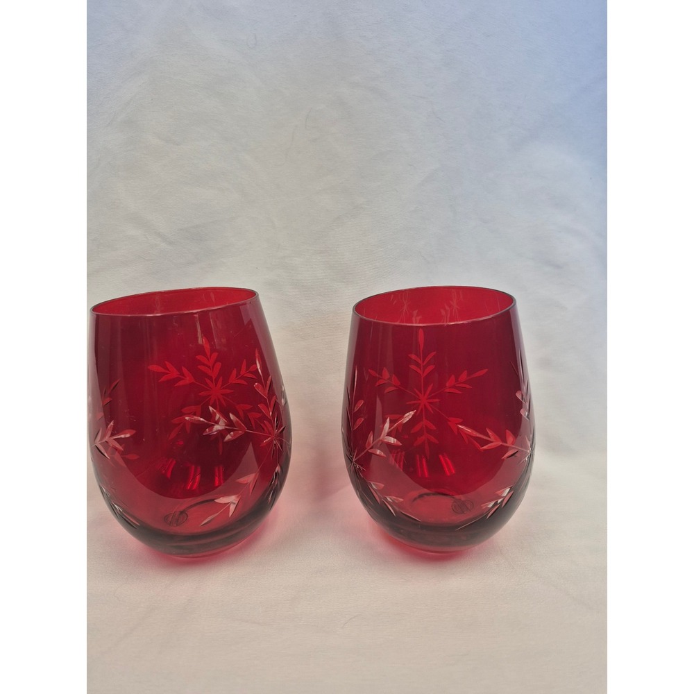 Set of 2 Ruby Red Cut Snowflake Stemless Wine Glasses Handmade Holiday Christmas